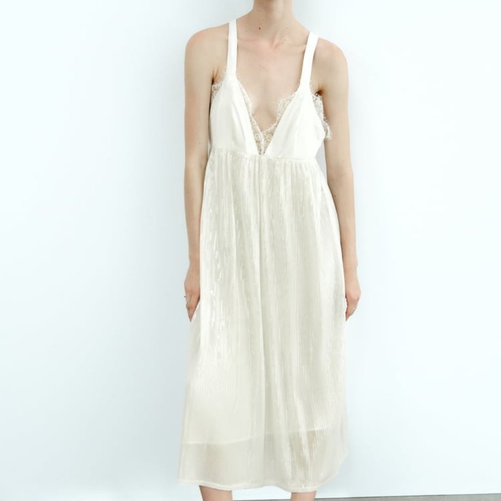 NWT ZARA SEQUIN KNIT SLIP DRESS  WHITE - REF 2142/040 M, L